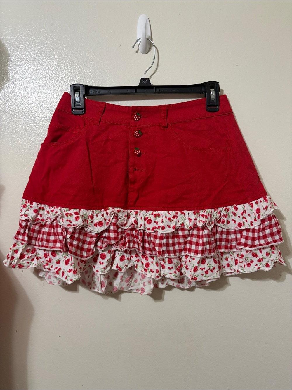 Hot Topic Red Mini Skirt with Strawberry & Gingham Ruffles
